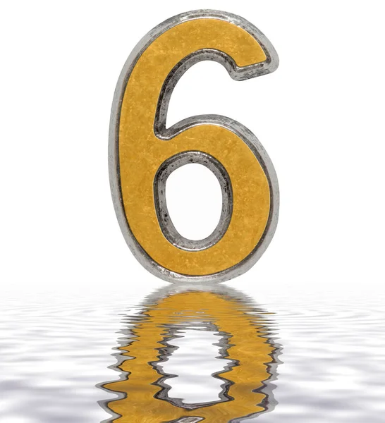 Siffra 6, sex, reflekteras på vattenytan, isolerad på whit — Stockfoto