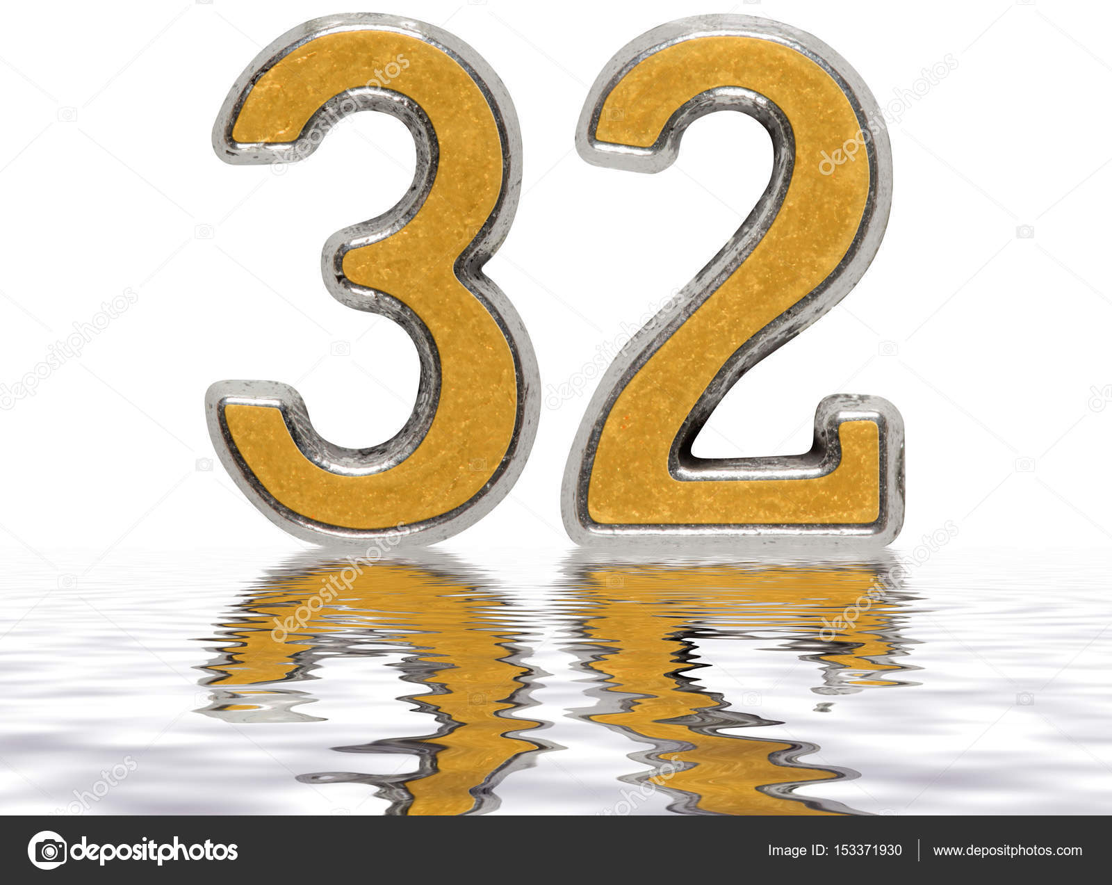 Numeral 32, thirty two, reflected on the water surface, isolated ...