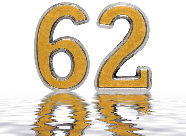 Απομονωμένη αριθμητικό 62, εξήντα δύο, αντικατοπτρίζεται στην επιφάνεια του νερού, — Φωτογραφία Αρχείου