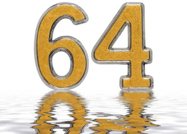 Απομονωμένη αριθμητικό 64, εξήντα τέσσερις, αντικατοπτρίζεται στην επιφάνεια του νερού, — Φωτογραφία Αρχείου