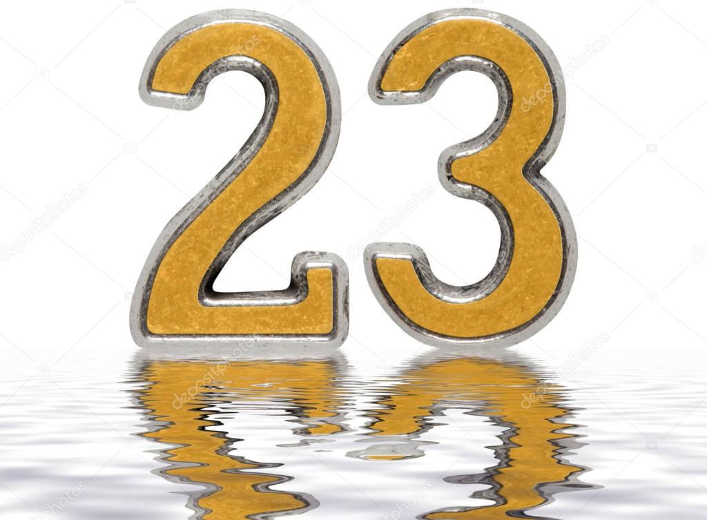 Numeral 23, twenty three, reflected on the water surface, isolat