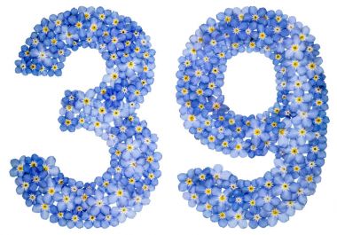 Arapça rakamı 39, otuz dokuz, mavi unutma çiçek üzerinden