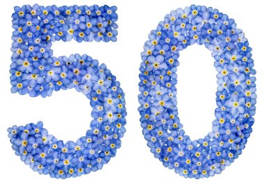 Arapça rakamı 50, elli, mavi unutma çiçekler
