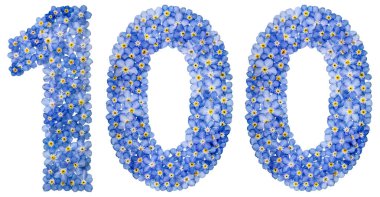 Arapça rakamı 100, 100, mavi unutma çiçek üzerinden