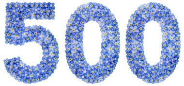 Arabic numeral 500, five hundred, from blue forget-me-not flower clipart