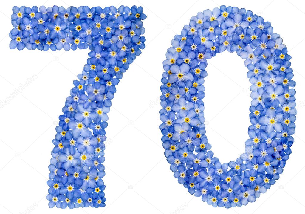 Arabic numeral 70, seventy, from blue forget-me-not flowers