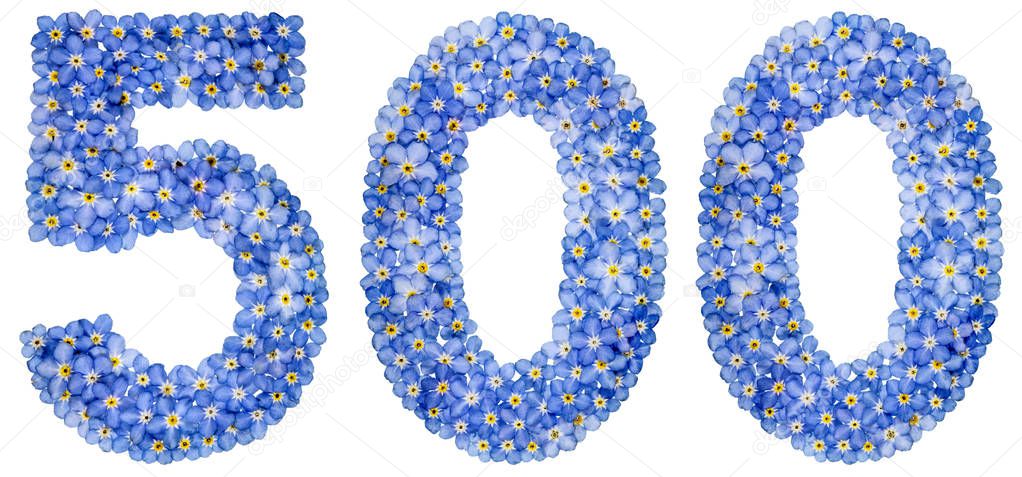 Arabic numeral 500, five hundred, from blue forget-me-not flower