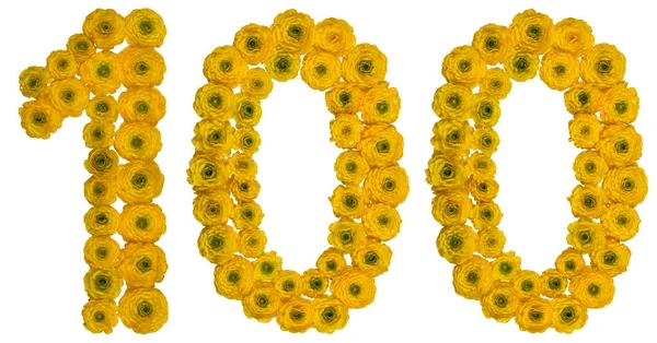 Arabic numeral 100, one hundred, from yellow flowers of buttercu — Stock Photo, Image