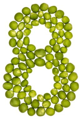 Arapça rakamı 8, yeşil bezelye, beyaz arkasında izole--dan sekiz