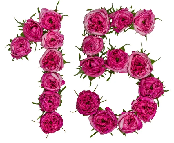 阿拉伯数字 15, 十五, 从红色的玫瑰花, 孤立 o — 图库照片