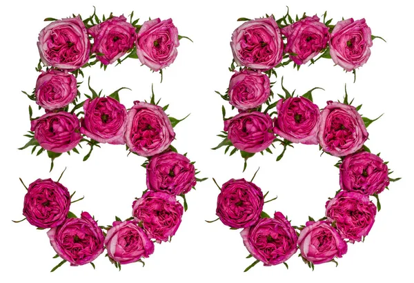 Арабські цифри 55, п'ятдесят п'ять з червоні квіти з троянди, ізолювати — стокове фото
