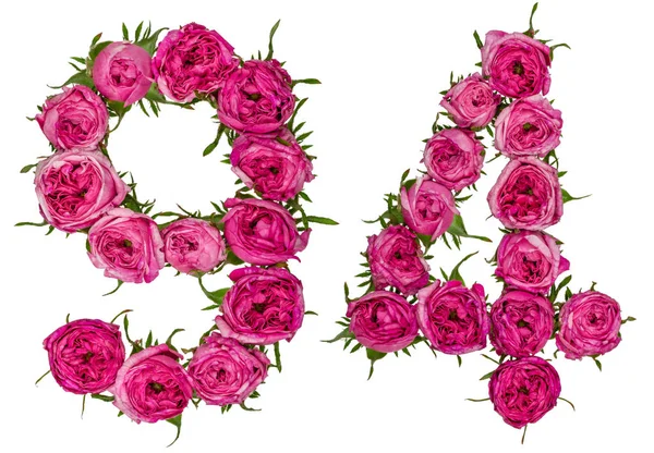 Арабські цифри 94, дев'яносто чотири, від червоні квіти з троянди, isolat — стокове фото