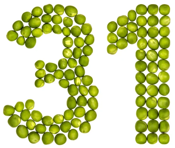 Arabische Zahl 31, einunddreißig, aus grünen Erbsen, isoliert auf weißem Grund — Stockfoto