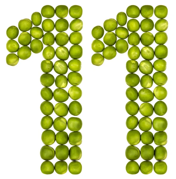 Cyfry arabskie 11, jedenaście, z zielonego groszku, na białym tle na biały ba — Zdjęcie stockowe