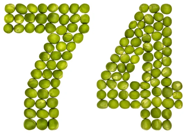 Numeral arábigo 74, setenta y cuatro, de guisantes verdes, aislado en wh — Foto de Stock