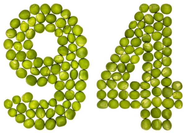 Arabic numeral 94, ninety four, from green peas, isolated on whi — Stock Photo, Image