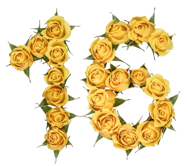 Cyfry arabskie 16, szesnaście lat, od żółtych kwiatów róży, izolowanie — Zdjęcie stockowe