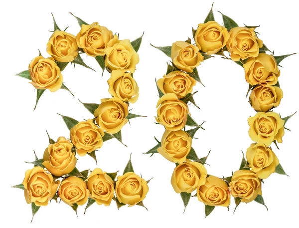 Арабская цифра 20, 20, из желтых цветов розы, изолированные — стоковое фото