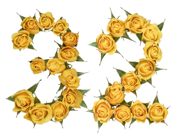 Arabiska siffror 32, trettiotvå, från gula blommor av ros, isol — Stockfoto