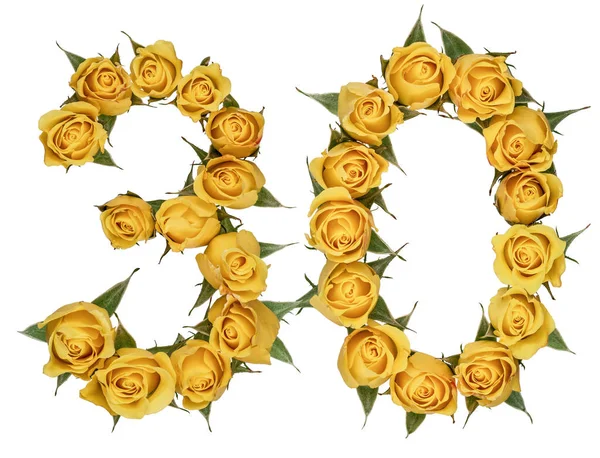Arabic numeral 30, thirty, from yellow flowers of rose, isolated — Stock Photo, Image