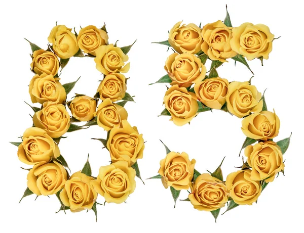 Arabische Ziffer 85, fünfundachtzig, aus gelben Rosenblüten, iso — Stockfoto