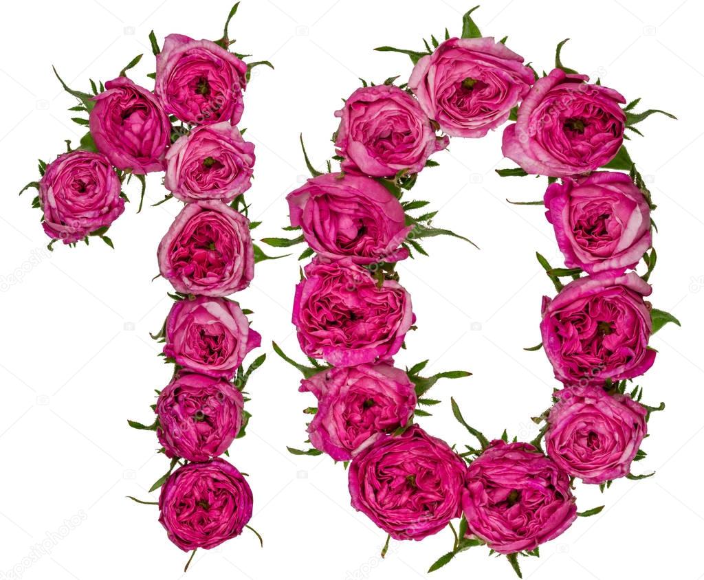 Arabic numeral 10, ten, from red flowers of rose, isolated on wh