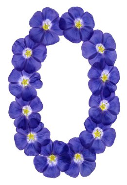 Arapça rakamı 0, sıfır, keten, w izole mavi çiçekler üzerinden