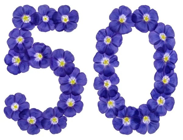 Arabische Ziffer 50, fünfzig, aus blauen Flachsblüten, isoliert auf — Stockfoto