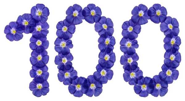 Número arábico 100, cem, de flores azuis de linho, isol — Fotografia de Stock