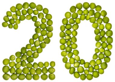 Arapça rakamı 20, yirmi, yeşil bezelye, üzerinde beyaz ba izole dan