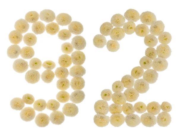 Arabic numeral 92, ninety two, from cream flowers of chrysanthem