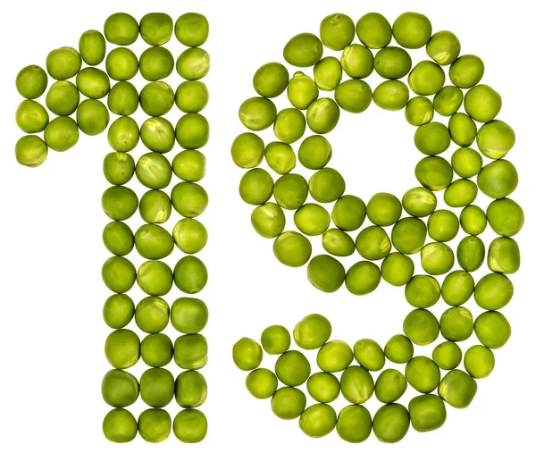 Número arábico 19, dezanove, de ervilhas verdes, isolado sobre branco — Fotografia de Stock