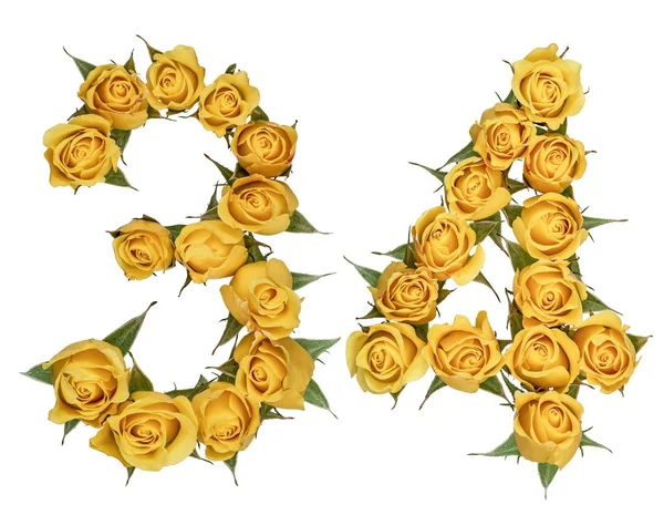 Αραβικό αριθμό 34, τριάντα τέσσερα, από κίτρινα άνθη του τριαντάφυλλου, iso — Φωτογραφία Αρχείου