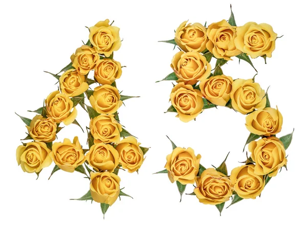 Arabische Ziffer 45, fünfundvierzig, aus gelben Rosenblüten, Isol — Stockfoto