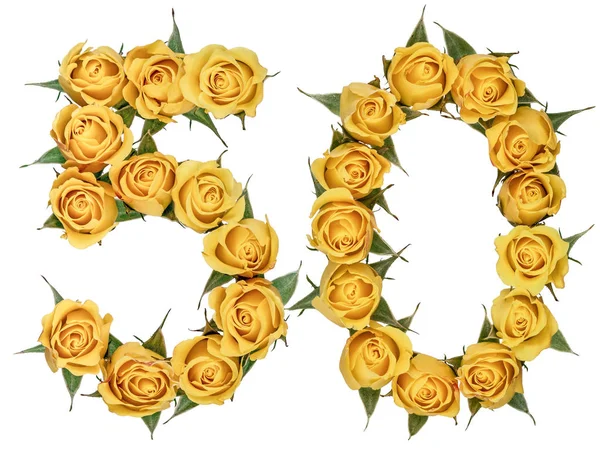 Arabská číslice 50, padesát, od žluté květy, růže, samostatný — Stock fotografie