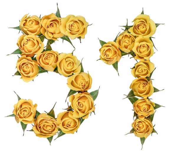 Arabisch cijfer 51, eenenvijftig, van gele bloemen van roos, isola — Stockfoto