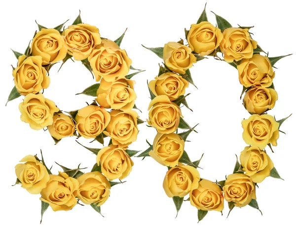 阿拉伯数字 90, 九十, 从黄色的玫瑰花, 孤立 — 图库照片