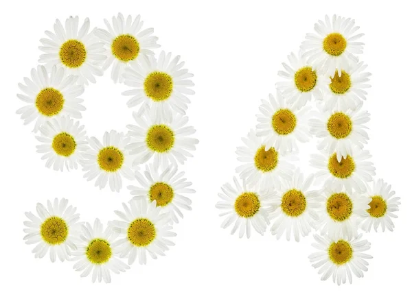 Arabic numeral 94, ninety four, from white flowers of chamomile, — Stock Photo, Image