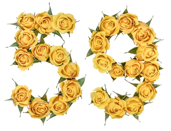 Arabic numeral 59, fifty nine, from yellow flowers of rose, isol — Stock Photo, Image