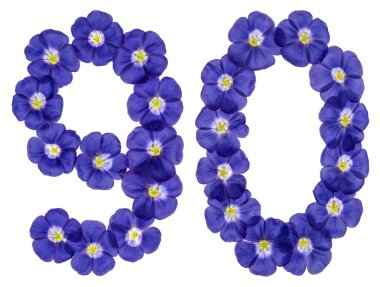 Arapça rakamı 90, 90, keten, mavi çiçekler üzerinden o izole