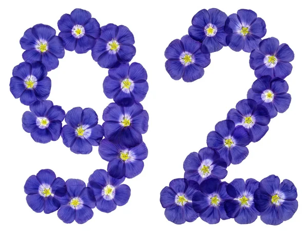 Cyfry arabskie 92, dziewięćdziesiąt dwa, od niebieskie kwiaty lnu, isolat — Zdjęcie stockowe