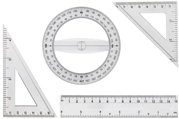 Set of drawing tools, ruler, protractor triangle, isolated on wh — Stock Photo, Image