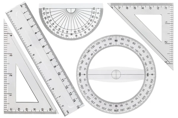Serie di strumenti da disegno, righello, triangolo del goniometro, isolati su wh — Foto Stock