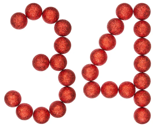 Cijfer 34, dertig vier, uit decoratieve ballen, geïsoleerd op whit — Stockfoto