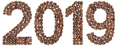 Kahve çekirdekleri, beyaz arka plan üzerinde izole gelen rakamı 2019