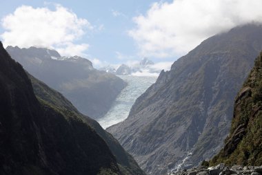 Fox Glacier, Westland Tai Poutini Ulusal Parkı 'ndaki River Walk Pisti' ne bakıyor. Yeni Zelanda
