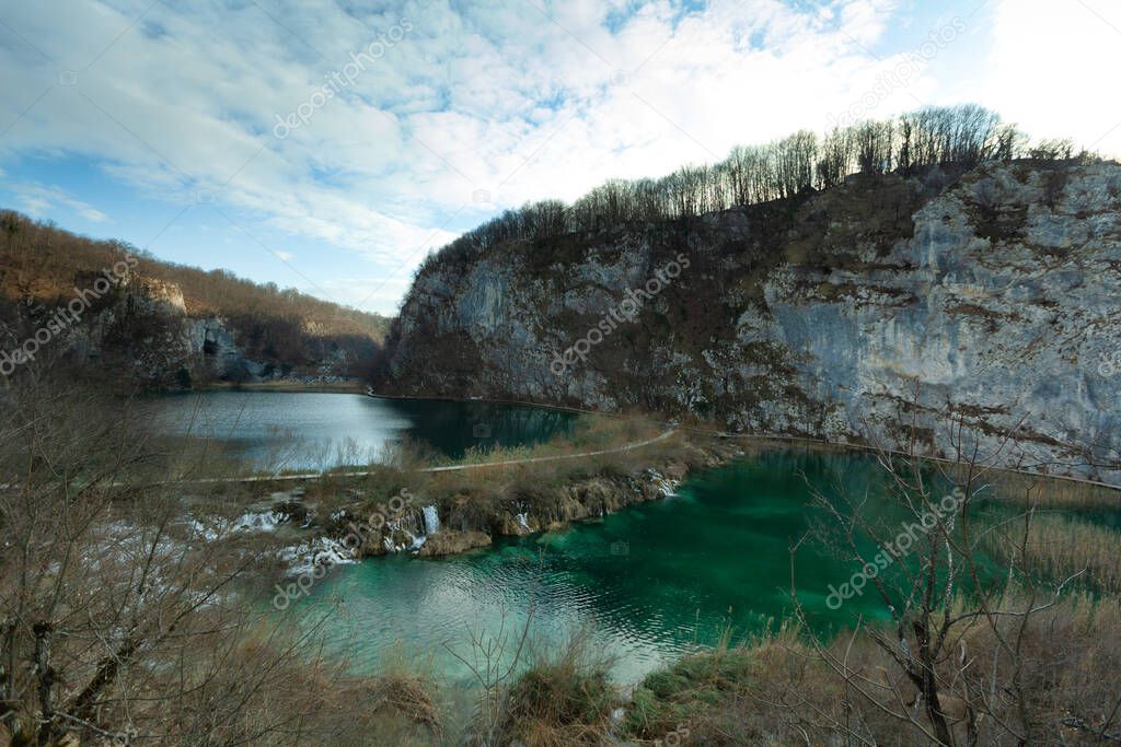 Plitvice Lakes National Park in winter, Barrier between the lakes Gavanovac and Kaluderovac