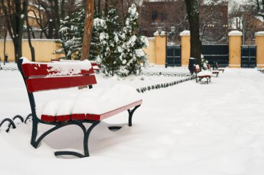 Bir park banklar karla kaplı.