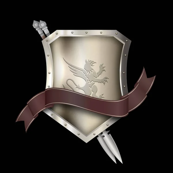 Ancient riveted shield with ribbon and two spears. — Stock Photo, Image