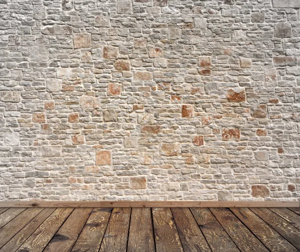 Steinmauer und alter Holzboden. — Stockfoto